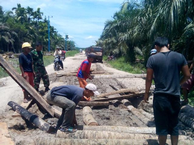 Kondisi Jalan Rusak Parah, Koramil 03 Inhil Ajak Masyarakat Tutupi Pakai Batang Kelapa