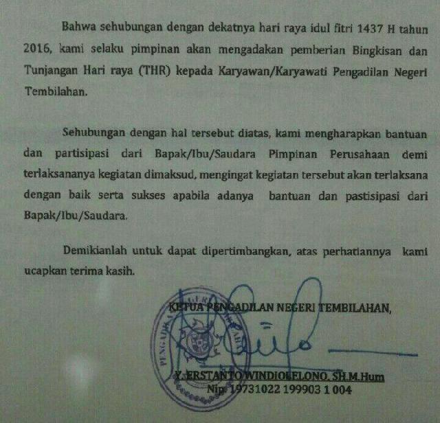 Beredar 'Surat Sakti' Minta THR dari Pengadilan Negeri Tembilahan