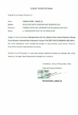 Ini Jawaban Ketua DPC Gerindra Inhil Soal Surat Pengunduran Diri